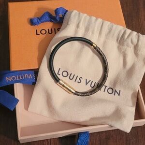 Louis Vuitton Black and Brown Monogram Leather Bracelet with Gold Hardware